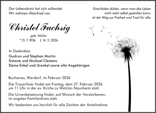 Traueranzeige von Christel Fuchsig von Wetzlarer Neue Zeitung