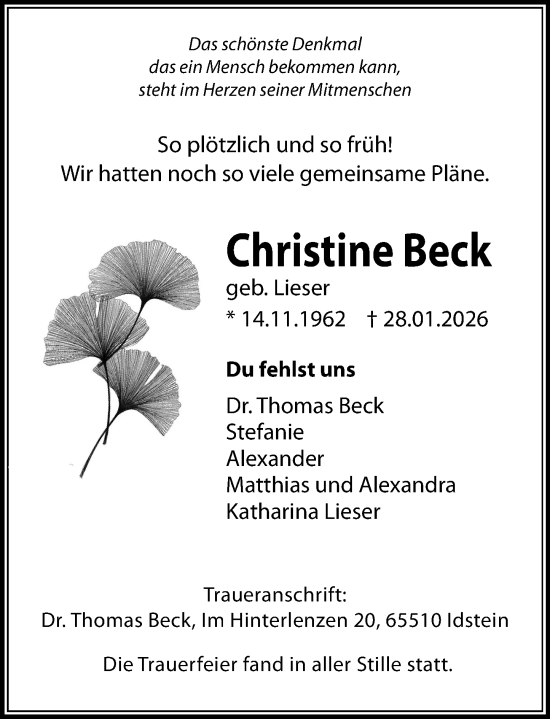 Traueranzeige von Christine Beck von Idsteiner Land/Untertaunus