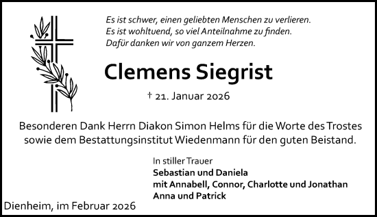 Traueranzeige von Clemens Siegrist von Allgemeine Zeitung Mainz