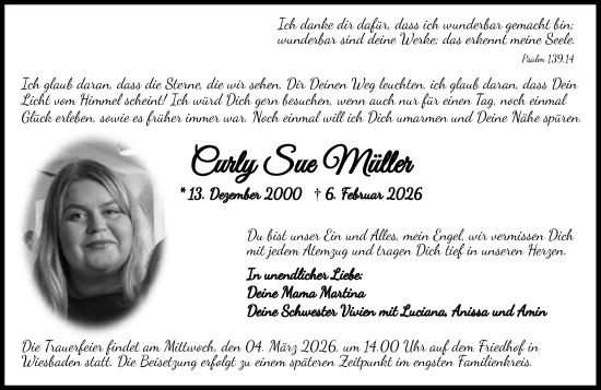 Traueranzeige von Curly Sue Müller von Wiesbadener Kurier