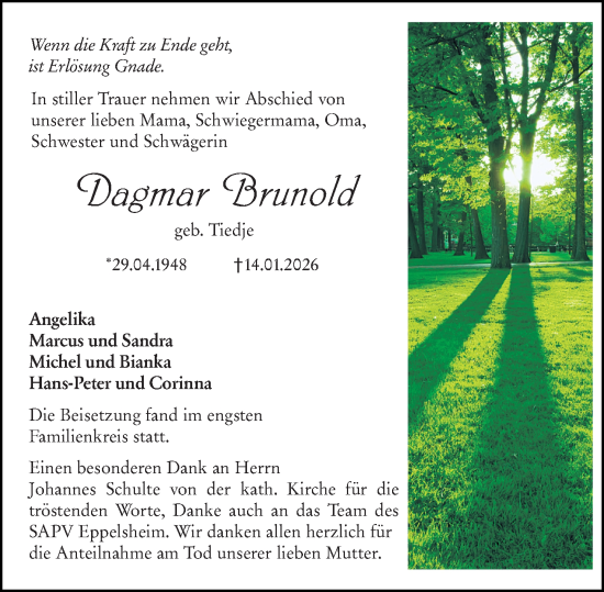 Traueranzeige von Dagmar Brunold von Allgemeine Zeitung Alzey