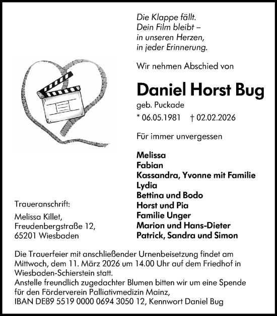 Traueranzeige von Daniel Horst Bug von Wiesbadener Kurier