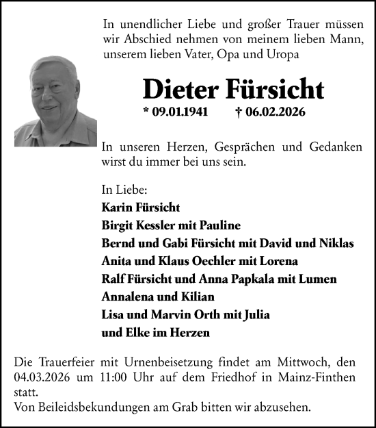 Traueranzeige von Dieter Fürsicht von Allgemeine Zeitung Mainz