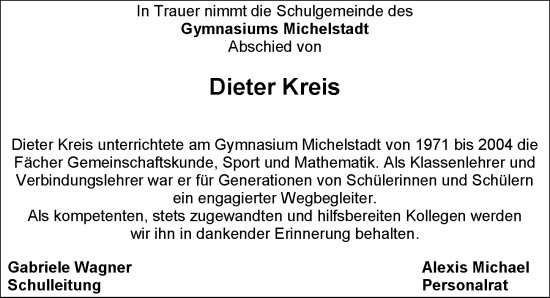 Traueranzeige von Dieter Kreis von Odenwälder Echo
