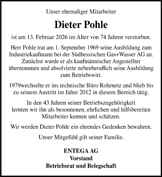 Traueranzeige von Dieter Pohle von Odenwälder Echo