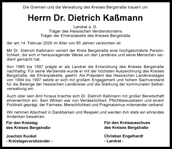 Traueranzeige von Dietrich Kaßmann von Starkenburger Echo