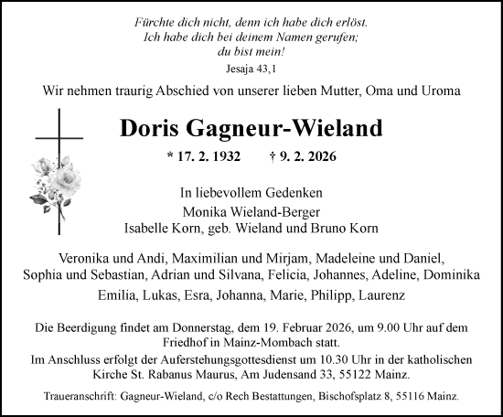 Traueranzeige von Doris Gagneur-Wieland von Allgemeine Zeitung Mainz
