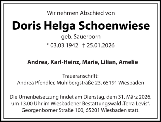 Traueranzeige von Doris Helga Schoenwiese von Wiesbadener Kurier