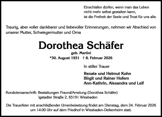 Traueranzeige von Dorothea Schäfer von Wiesbadener Kurier
