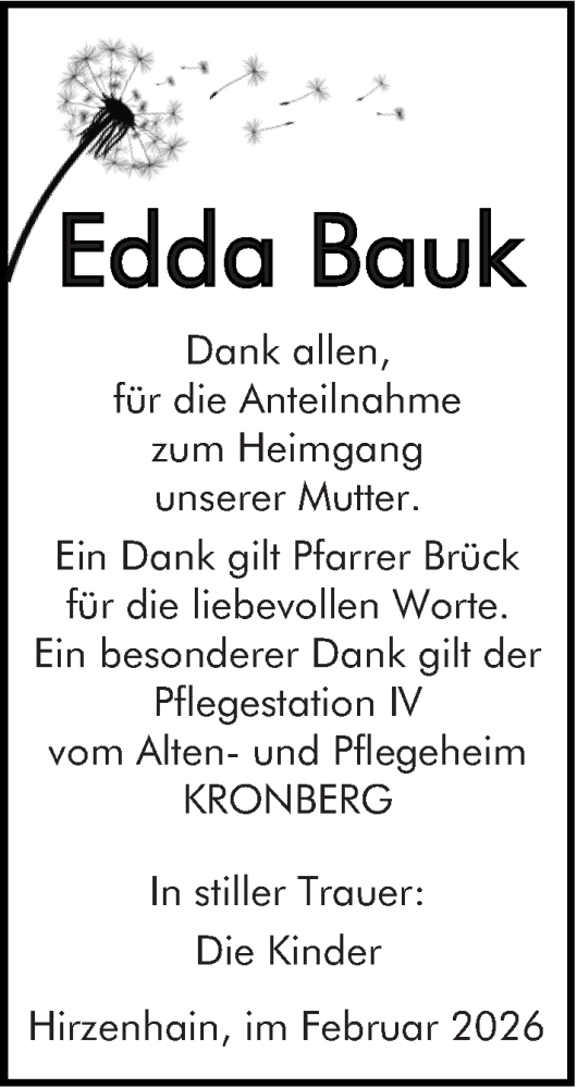 Traueranzeige von Edda Bauk von Dill Block