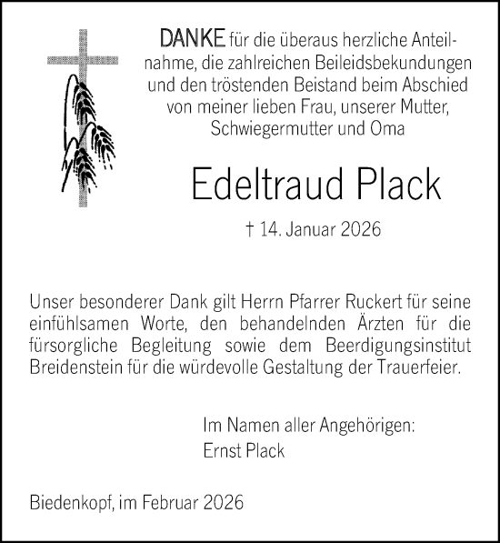 Traueranzeige von Edeltraud Plack von Hinterländer Anzeiger