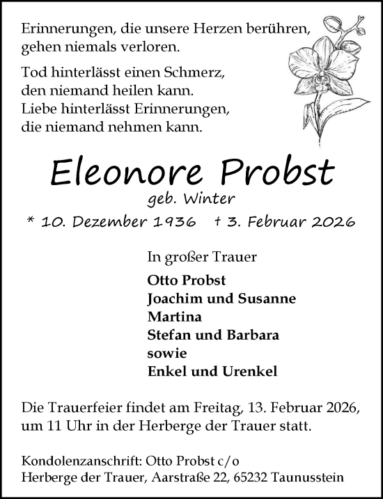 Traueranzeige von Eleonore Probst von Wiesbadener Kurier