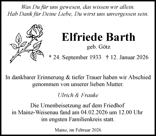 Traueranzeige von Elfriede Barth von Allgemeine Zeitung Mainz