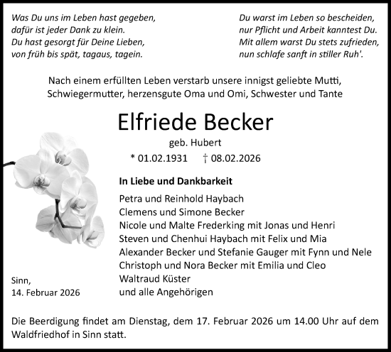 Traueranzeige von Elfriede Becker von Dill Block