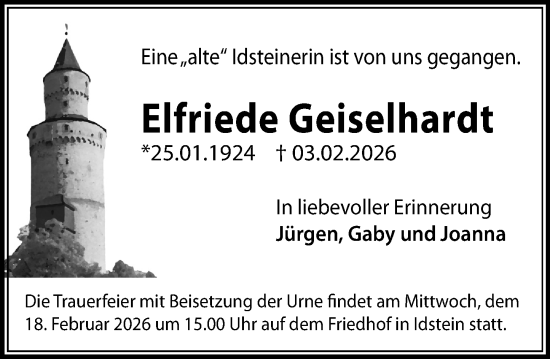 Traueranzeige von Elfriede Geiselhardt von Idsteiner Land/Untertaunus