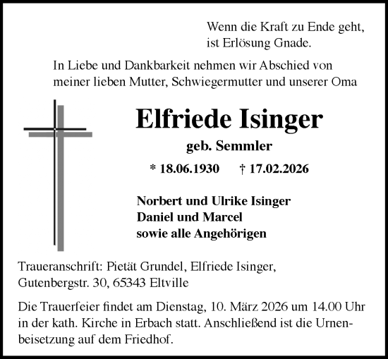 Traueranzeige von Elfriede Isinger von Rheingau Kurier