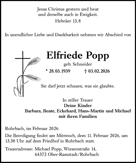 Traueranzeige von Elfriede Popp von Darmstädter Echo