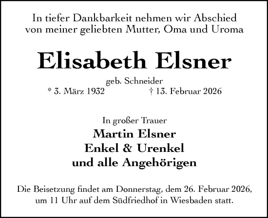 Traueranzeige von Elisabeth Elsner von Wiesbadener Kurier