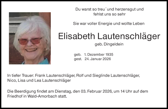 Traueranzeige von Elisabeth Lautenschläger von Odenwälder Echo