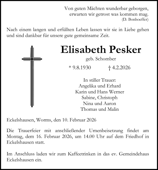 Traueranzeige von Elisabeth Pesker von Hinterländer Anzeiger