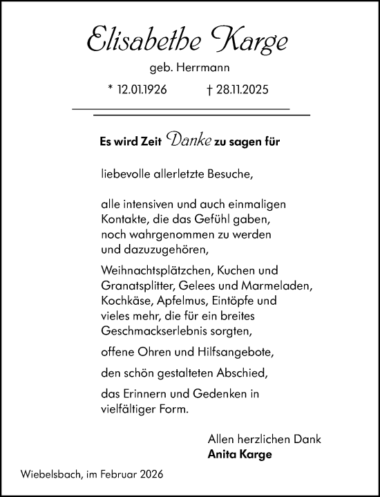 Traueranzeige von Elisabethe Karge von Darmstädter Echo