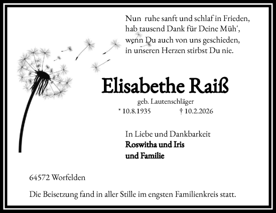 Traueranzeige von Elisabethe Raiß von Groß-Gerauer Echo