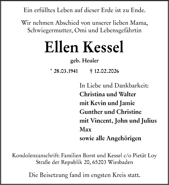 Traueranzeige von Ellen Kessel von Wiesbadener Kurier