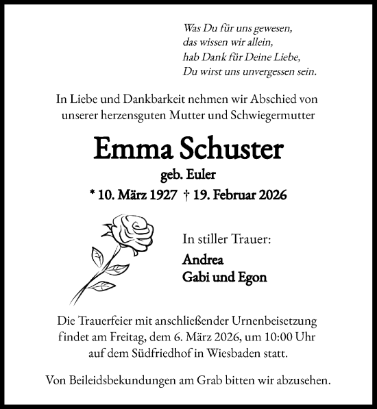 Traueranzeige von Emma Schuster von Wiesbadener Kurier