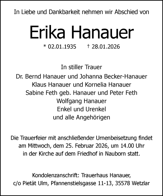 Traueranzeige von Erika Hanauer von Wetzlarer Neue Zeitung