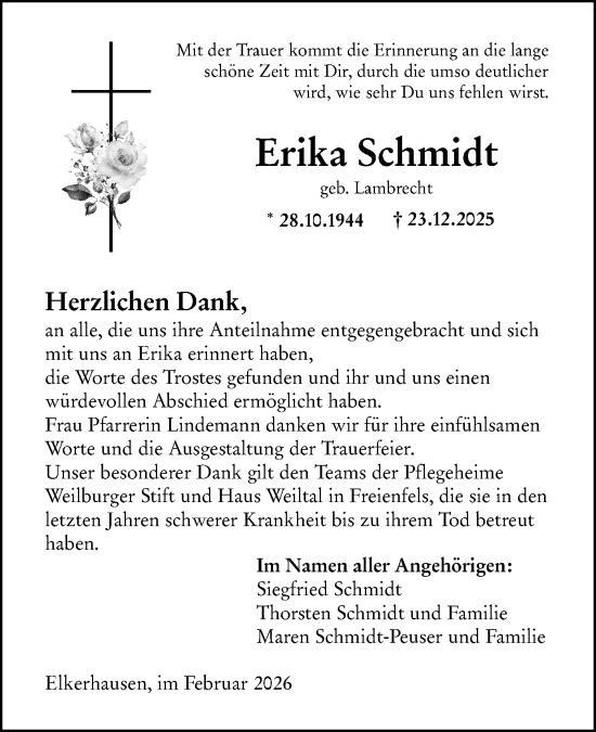 Traueranzeige von Erika Schmidt von Weilburger Tageblatt