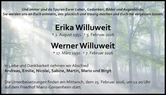 Traueranzeige von Erika Willuweit von Allgemeine Zeitung Mainz