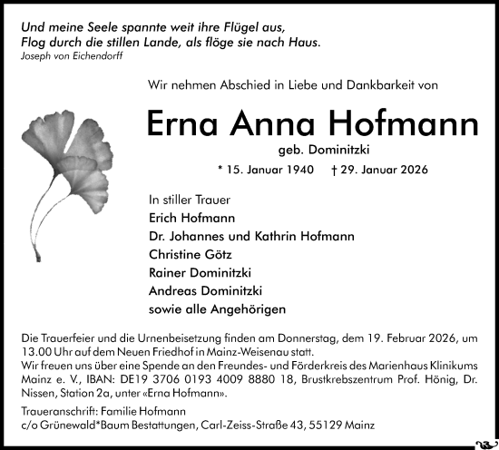 Traueranzeige von Erna Anna Hofmann von Allgemeine Zeitung Mainz