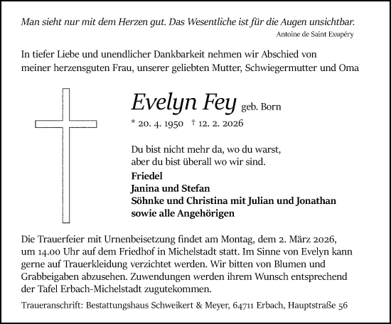 Traueranzeige von Evelyn Fey von Odenwälder Echo