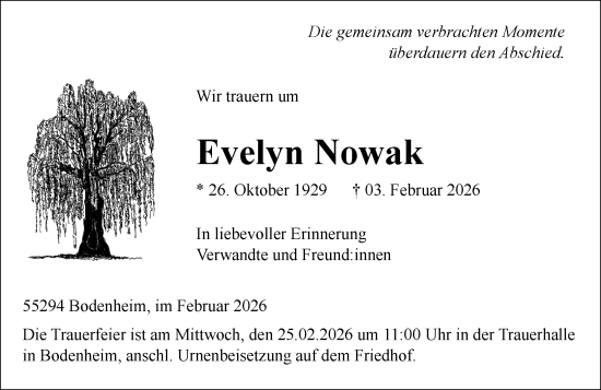 Traueranzeige von Evelyn Nowak von Allgemeine Zeitung Mainz