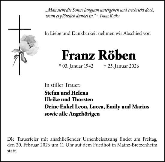 Traueranzeige von Franz Röben von Allgemeine Zeitung Mainz