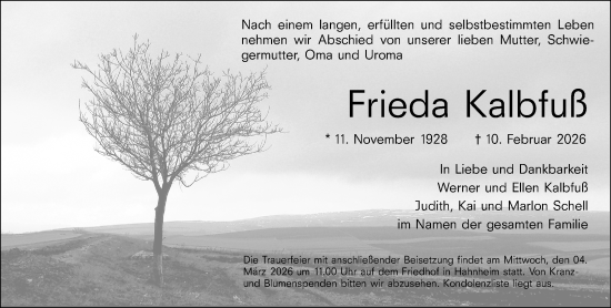 Traueranzeige von Frieda Kalbfuß von Allgemeine Zeitung Mainz