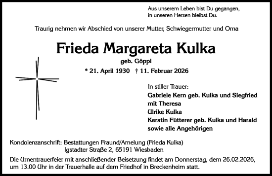 Traueranzeige von Frieda Margareta Kulka von Wiesbadener Kurier