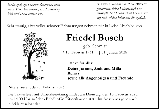 Traueranzeige von Friedel Busch von Dill Block