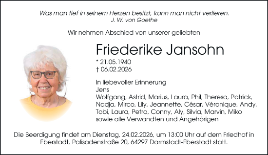 Traueranzeige von Friederike Jansohn von Darmstädter Echo