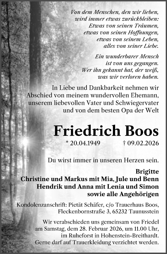 Traueranzeige von Friedrich Boos von Wiesbadener Kurier