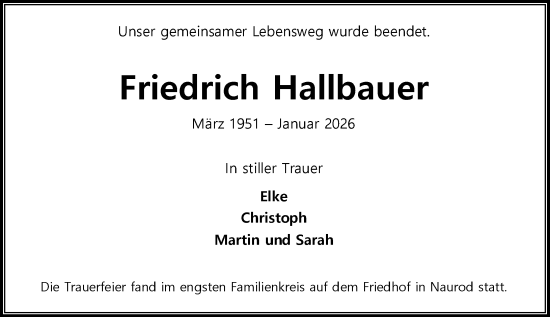 Traueranzeige von Friedrich Hallbauer von Wiesbadener Kurier