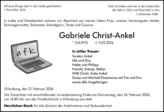 Traueranzeige von Gabriele Christ-Ankel von Dill Block