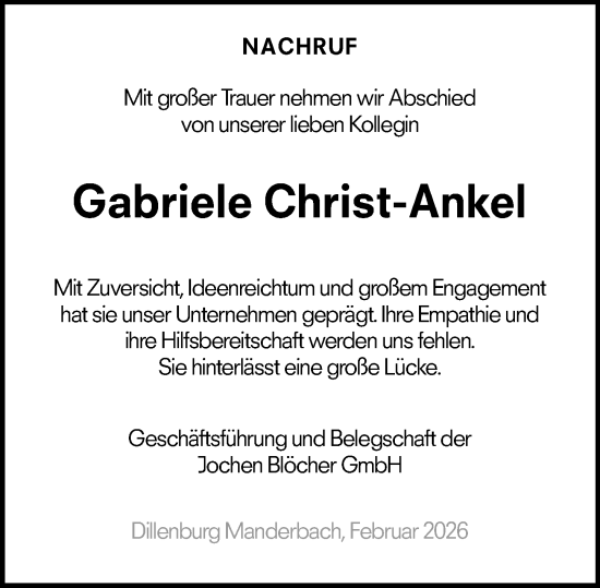 Traueranzeige von Gabriele Christ-Ankel von Dill Block