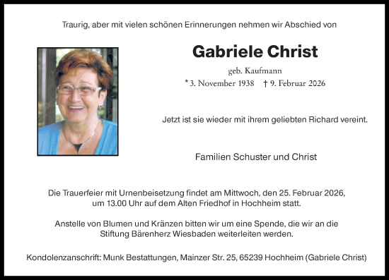 Traueranzeige von Gabriele Christ von Hochheimer Zeitung