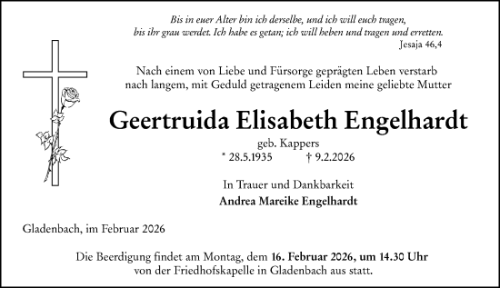 Traueranzeige von Geertruida Elisabeth Engelhardt von Hinterländer Anzeiger