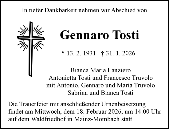 Traueranzeige von Gennaro Tosti von Allgemeine Zeitung Mainz