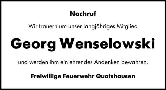 Traueranzeige von Georg Wenselowski von Hinterländer Anzeiger