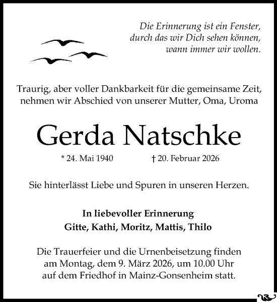 Traueranzeige von Gerda Natschke von Allgemeine Zeitung Mainz