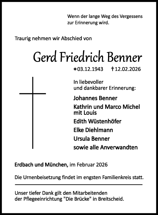 Traueranzeige von Gerd Friedrich Benner von Dill Block
