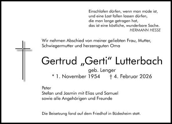 Traueranzeige von Gertrud Lutterbach von Binger-/Ingelheimer Wochenblatt